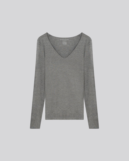 Grey V-neck Long Sleeve T-shirt in Viscose / Elastane - MAJESTIC FILATURES
