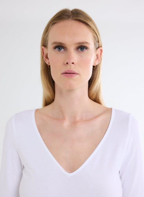White V-Neck Long Sleeve Viscose and Elastane T-Shirt - MAJESTIC FILATURES