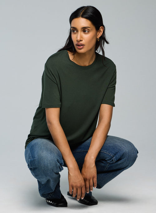 Green Round Neck Short Sleeves T-shirt in Viscose / Elastane - MAJESTIC FILATURES