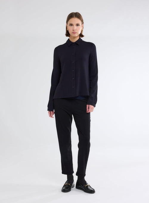 Navy Long Sleeve Viscose and Elastane Shirt - MAJESTIC FILATURES