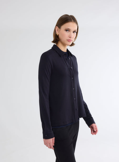 Navy Long Sleeve Viscose and Elastane Shirt - MAJESTIC FILATURES