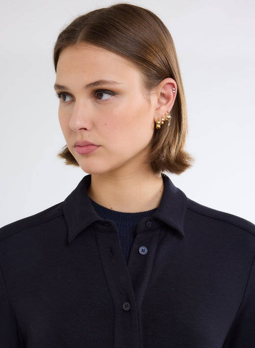 Navy Long Sleeve Viscose and Elastane Shirt - MAJESTIC FILATURES