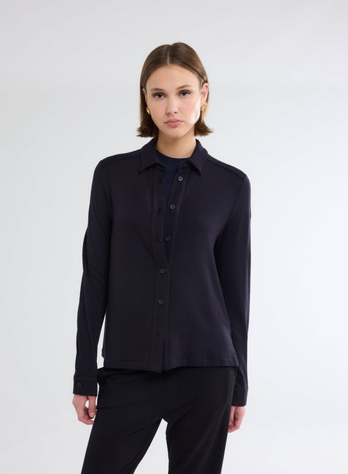 Navy Long Sleeve Viscose and Elastane Shirt - MAJESTIC FILATURES
