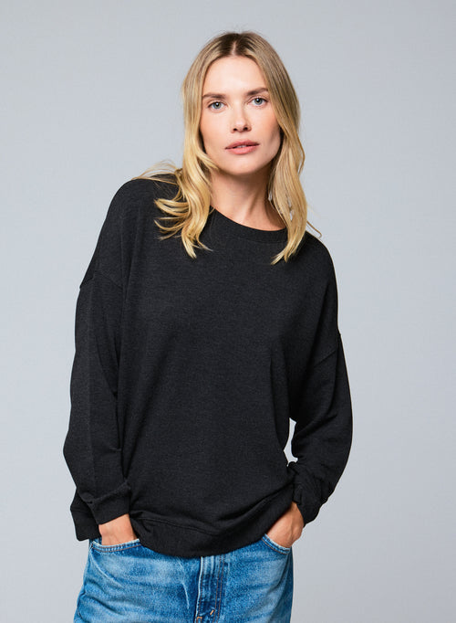 Grey Viscose / Elastane Long Sleeve Round Neck Sweatshirt - MAJESTIC FILATURES