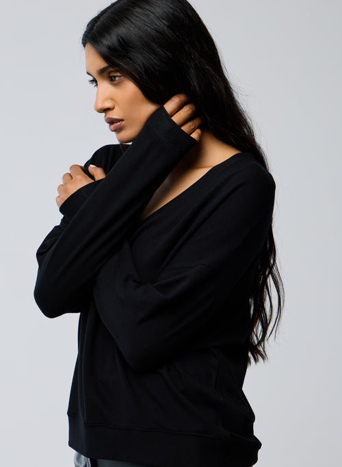 Sudadera negra con cuello de pico y manga larga en viscosa / elastano - MAJESTIC FILATURES