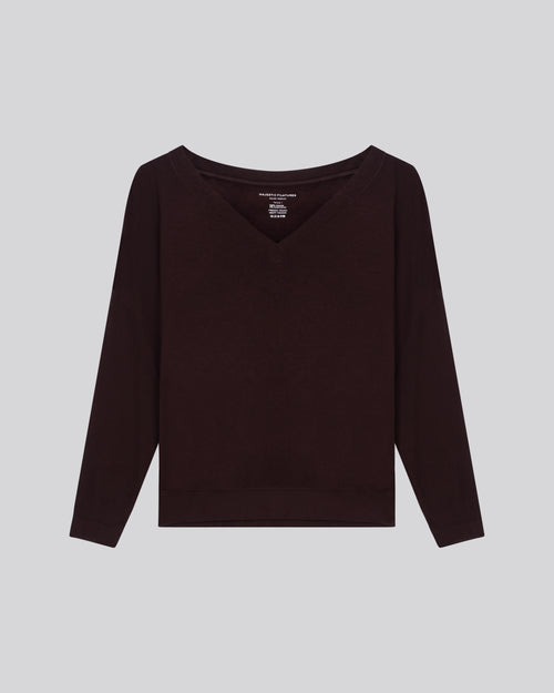 Aubergine V-neck sweatshirt with long sleeves in viscose / elastane - MAJESTIC FILATURES