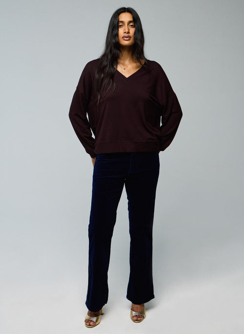 Aubergine V-neck sweatshirt with long sleeves in viscose / elastane - MAJESTIC FILATURES