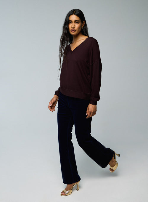 Aubergine V-neck sweatshirt with long sleeves in viscose / elastane - MAJESTIC FILATURES