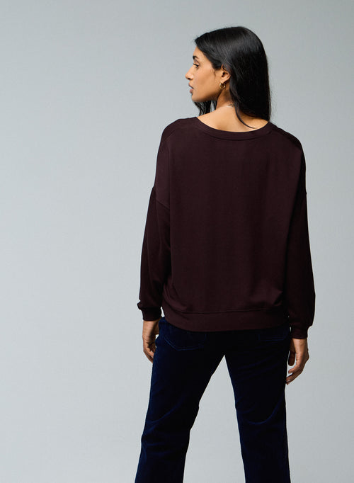 Aubergine V-neck sweatshirt with long sleeves in viscose / elastane - MAJESTIC FILATURES