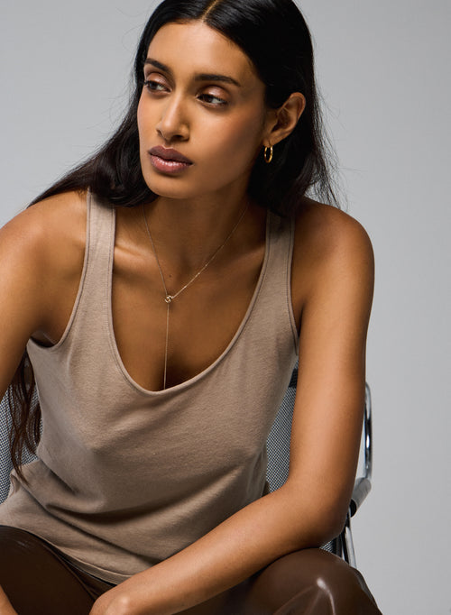 Beige Sleeveless U-Neck Tank Top in Cotton / Cashmere - MAJESTIC FILATURES