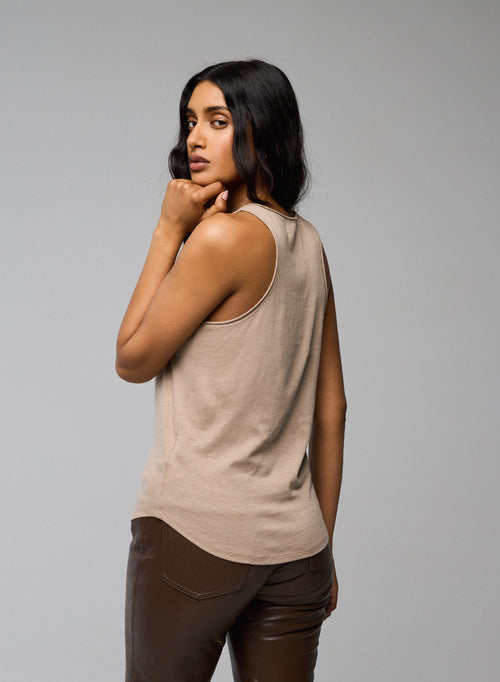Beige Sleeveless U-Neck Tank Top in Cotton / Cashmere - MAJESTIC FILATURES