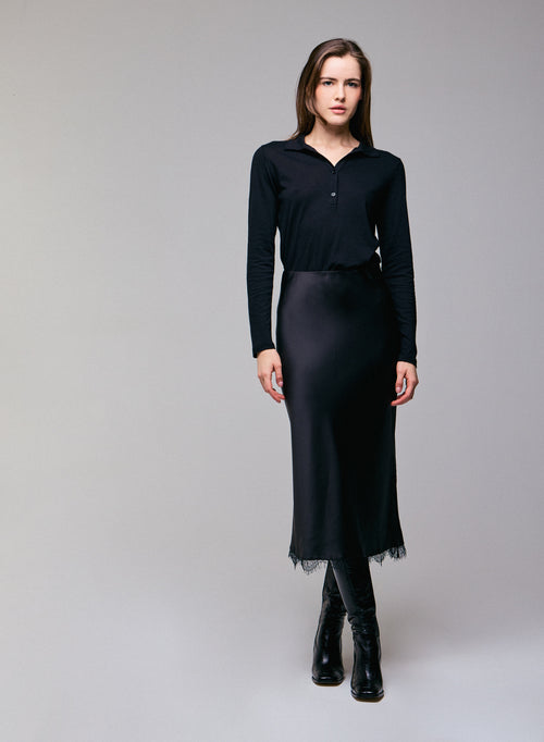 Schwarzes Poloshirt Langarm-Poloshirt aus Baumwolle / Kaschmir - MAJESTIC FILATURES