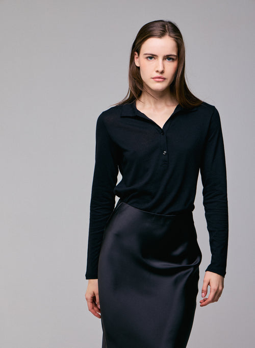 Schwarzes Poloshirt Langarm-Poloshirt aus Baumwolle / Kaschmir - MAJESTIC FILATURES