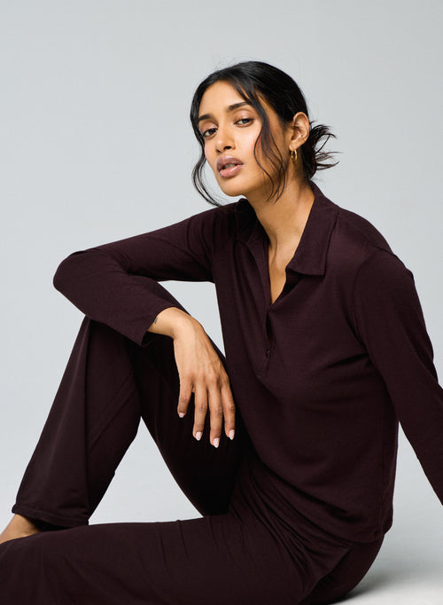 Auberginefarbenes Langarm-Poloshirt aus Baumwolle / Kaschmir - MAJESTIC FILATURES