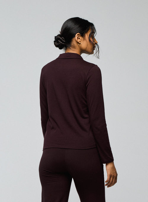 Auberginefarbenes Langarm-Poloshirt aus Baumwolle / Kaschmir - MAJESTIC FILATURES