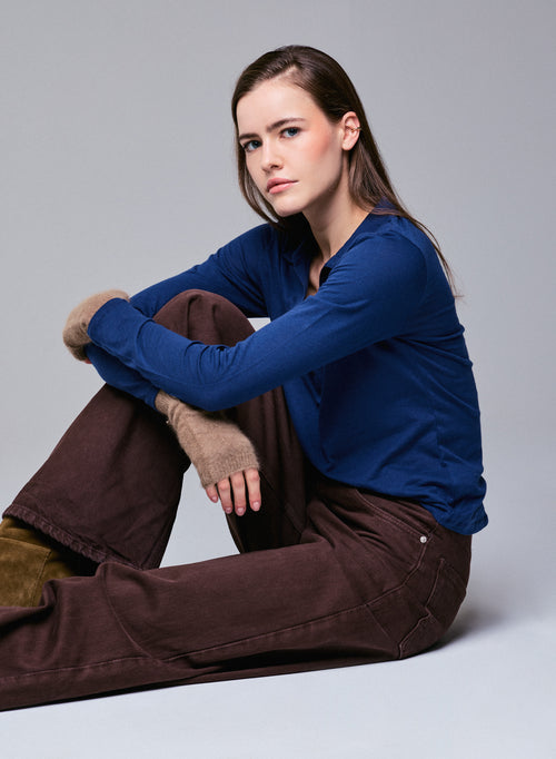 Blaues Poloshirt Langärmeliges Poloshirt aus Baumwolle / Kaschmir - MAJESTIC FILATURES