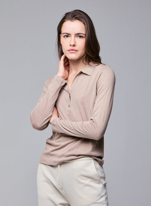 Beige Poloshirt Langarm Poloshirt aus Baumwolle / Kaschmir - MAJESTIC FILATURES