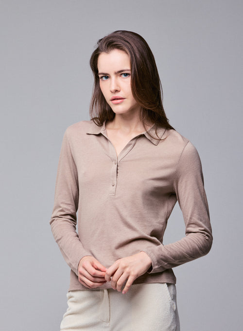 Beige Poloshirt Langarm Poloshirt aus Baumwolle / Kaschmir - MAJESTIC FILATURES