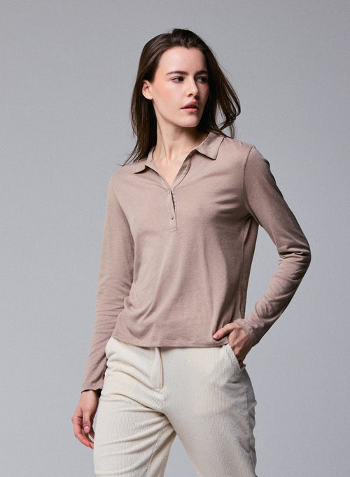 Beige Poloshirt Langarm Poloshirt aus Baumwolle / Kaschmir - MAJESTIC FILATURES
