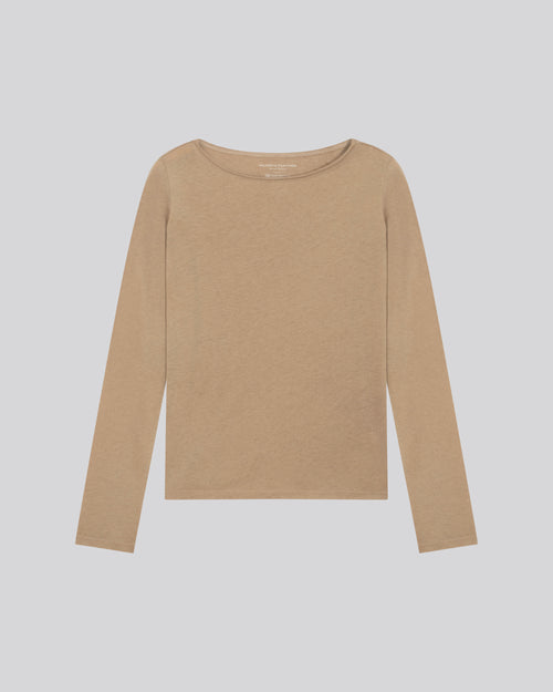 Camiseta beige con cuello barco de manga larga en algodón orgánico / cachemir - MAJESTIC FILATURES