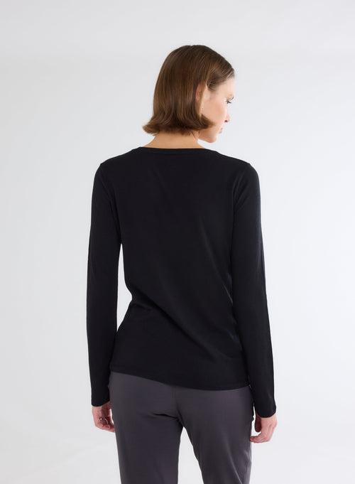 Black long-sleeved round-neck T-shirt in cotton and cashmere - MAJESTIC FILATURES
