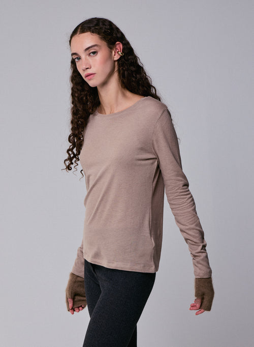 T-shirt Beige Col Rond Manches Longues en Coton Organique et Cachemire - MAJESTIC FILATURES