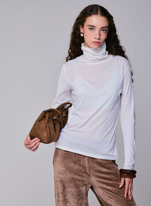 T-shirt Blanc Col Roulé Manches Longues en Coton Organique et Cachemire - MAJESTIC FILATURES