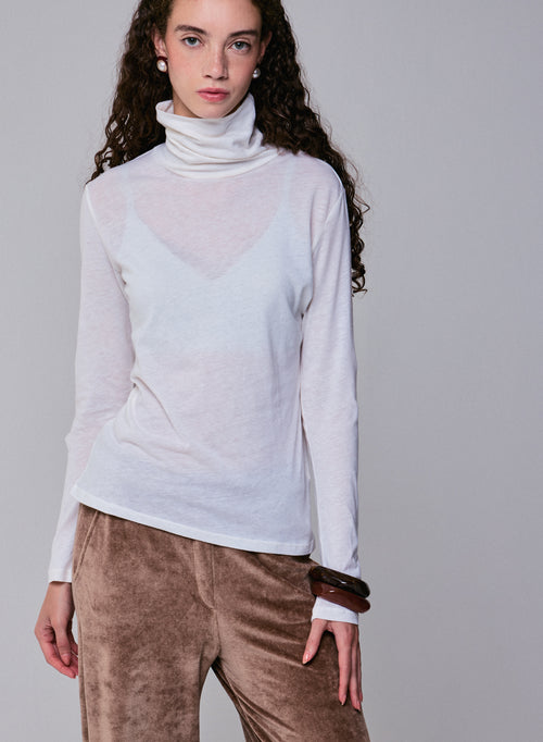 T-shirt Blanc Col Roulé Manches Longues en Coton Organique et Cachemire - MAJESTIC FILATURES