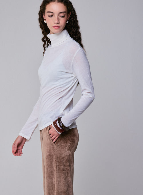T-shirt Blanc Col Roulé Manches Longues en Coton Organique et Cachemire - MAJESTIC FILATURES