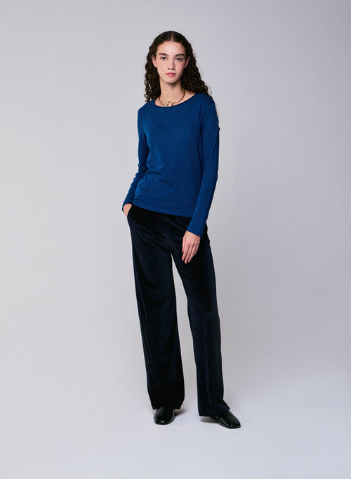 T-shirt Bleu Col Rond Manches Longues en Coton et Cachemire - MAJESTIC FILATURES
