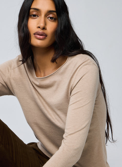 Camiseta de manga larga con cuello redondo beige en algodón orgánico / cachemir - MAJESTIC FILATURES