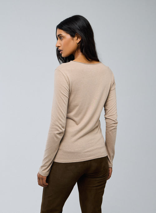 Camiseta de manga larga con cuello redondo beige en algodón orgánico / cachemir - MAJESTIC FILATURES