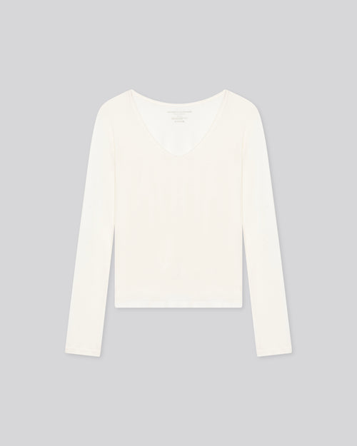 T-shirt Blanc lait Col V Manches Longues en Coton et Cachemire - MAJESTIC FILATURES