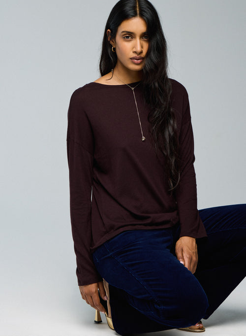 Aubergine Langarm-T-Shirt mit U-Boot-Ausschnitt aus Baumwolle / Kaschmir - MAJESTIC FILATURES