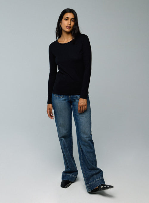 Black Long Sleeves Round Neck T-Shirt in Organic Cotton - MAJESTIC FILATURES