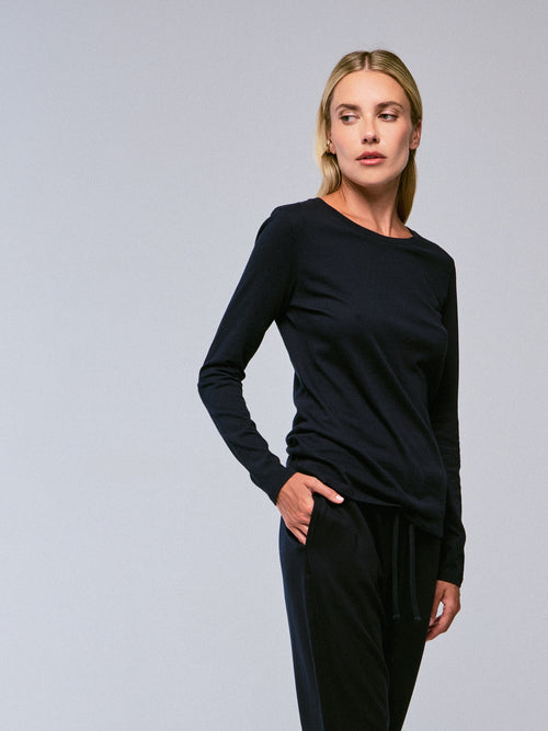 Marineblaues Kurzarm-T-Shirt mit Rundhalsausschnitt aus Bio-Baumwolle - MAJESTIC FILATURES