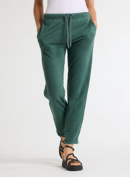 Pantalon Vert en Lin / Elasthanne - MAJESTIC FILATURES