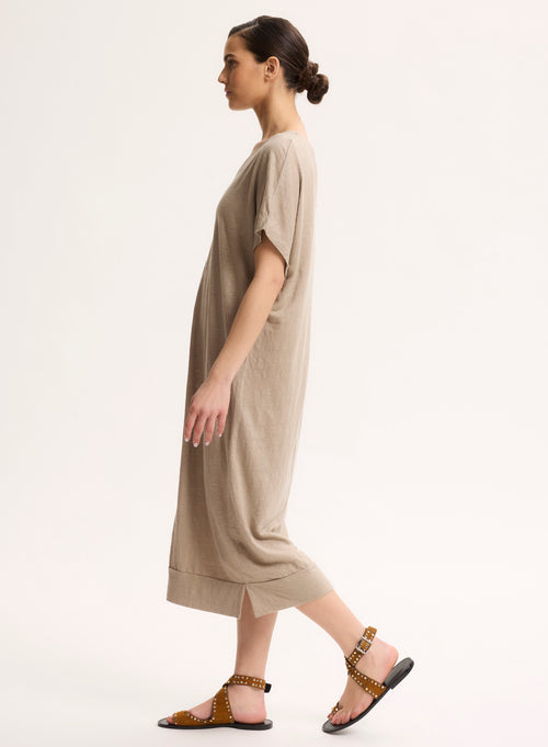 Robe Beige Col V en Lin / Elasthanne - MAJESTIC FILATURES