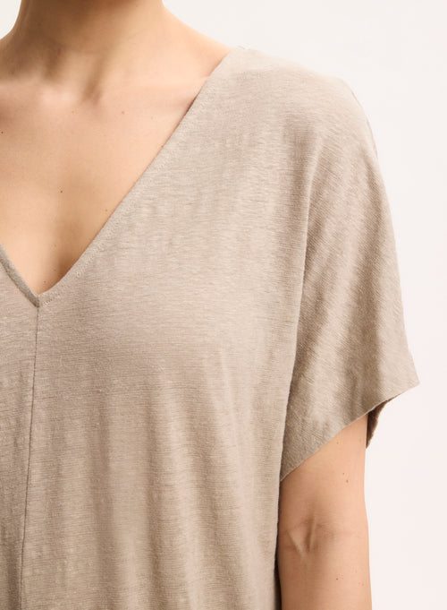 Robe Beige Col V en Lin / Elasthanne - MAJESTIC FILATURES