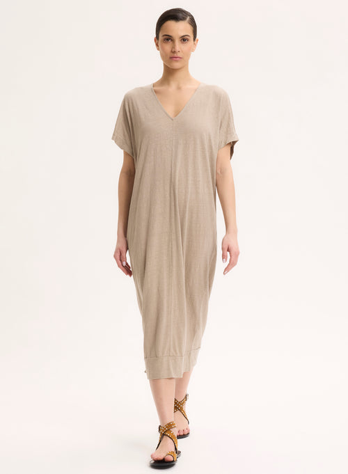Robe Beige Col V en Lin / Elasthanne - MAJESTIC FILATURES