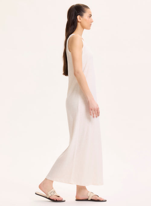 White Round Neck Sleeveless Dress in Linen / Elastane - MAJESTIC FILATURES