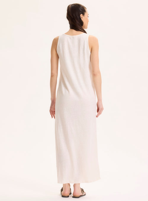 White Round Neck Sleeveless Dress in Linen / Elastane - MAJESTIC FILATURES