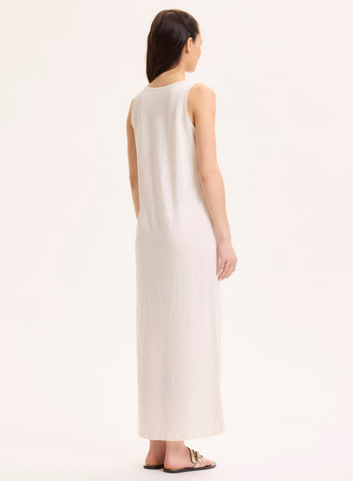 White Round Neck Sleeveless Dress in Linen / Elastane - MAJESTIC FILATURES