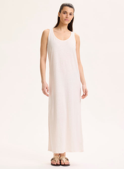 White Round Neck Sleeveless Dress in Linen / Elastane - MAJESTIC FILATURES