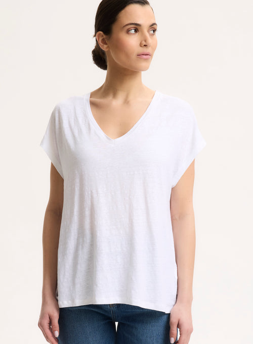 Camiseta blanca de manga corta de lino / elastano con cuello en V - MAJESTIC FILATURES