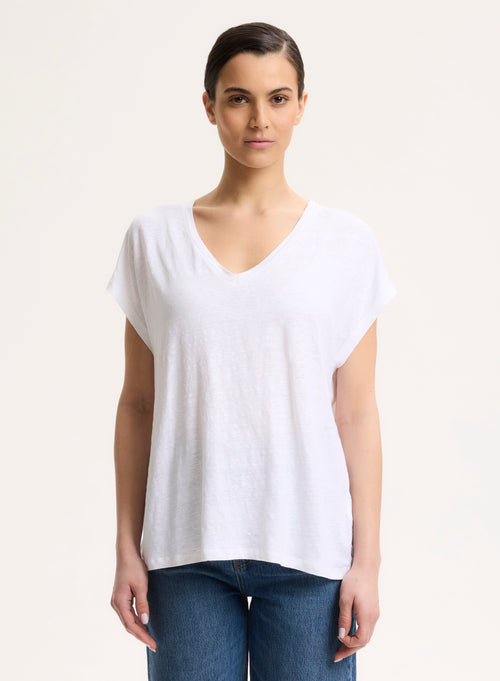 Camiseta blanca de manga corta de lino / elastano con cuello en V - MAJESTIC FILATURES