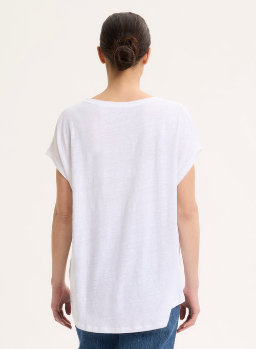 Camiseta blanca de manga corta de lino / elastano con cuello en V - MAJESTIC FILATURES