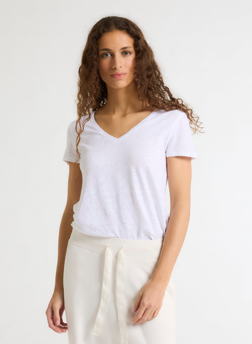 White V-neck Short Sleeve Linen and Elastane T-Shirt - MAJESTIC FILATURES