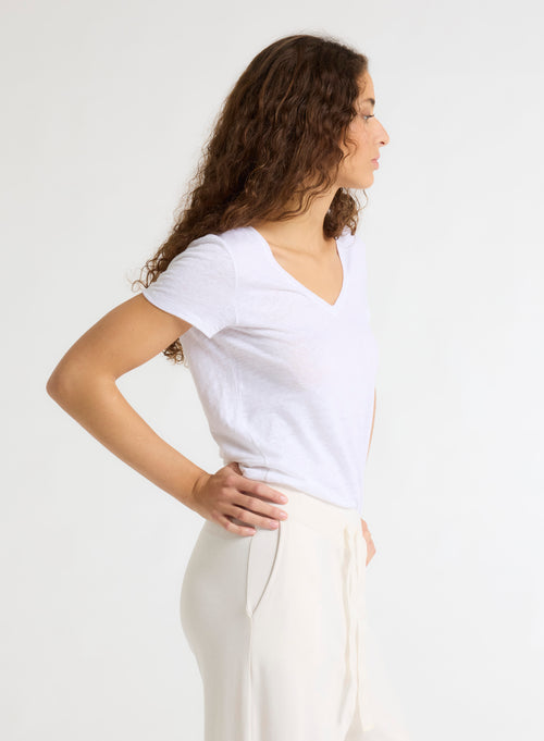 White V-neck Short Sleeve Linen and Elastane T-Shirt - MAJESTIC FILATURES
