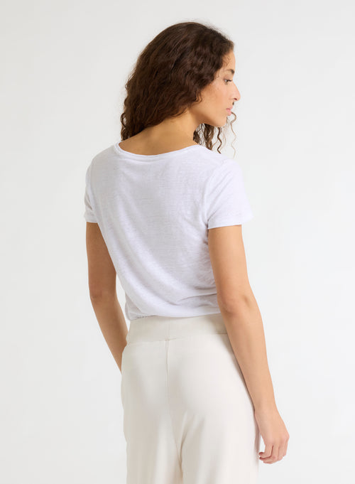 White V-neck Short Sleeve Linen and Elastane T-Shirt - MAJESTIC FILATURES